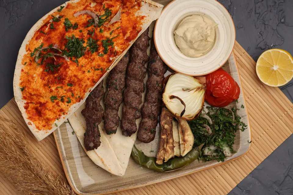 Middle Eastern Grilled Kebab and Sides on Platter