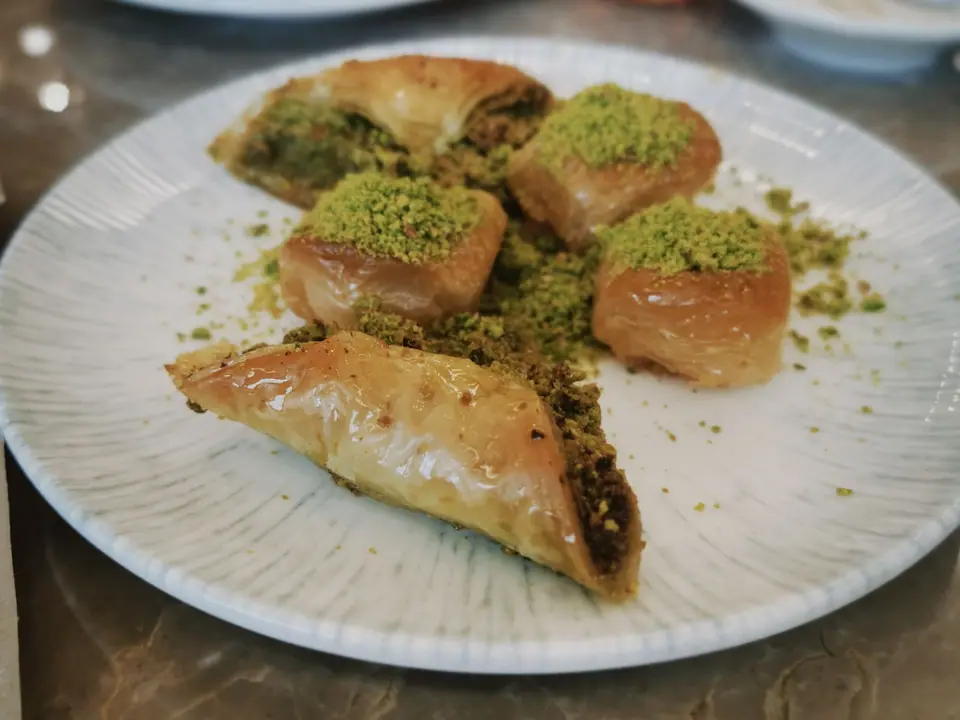 Delicious Pistachio Baklava on Ceramic Plate